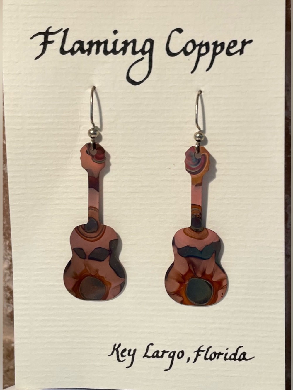 Flaming Copper Guitar Dangle Earrings - Multicolor Copper Tones